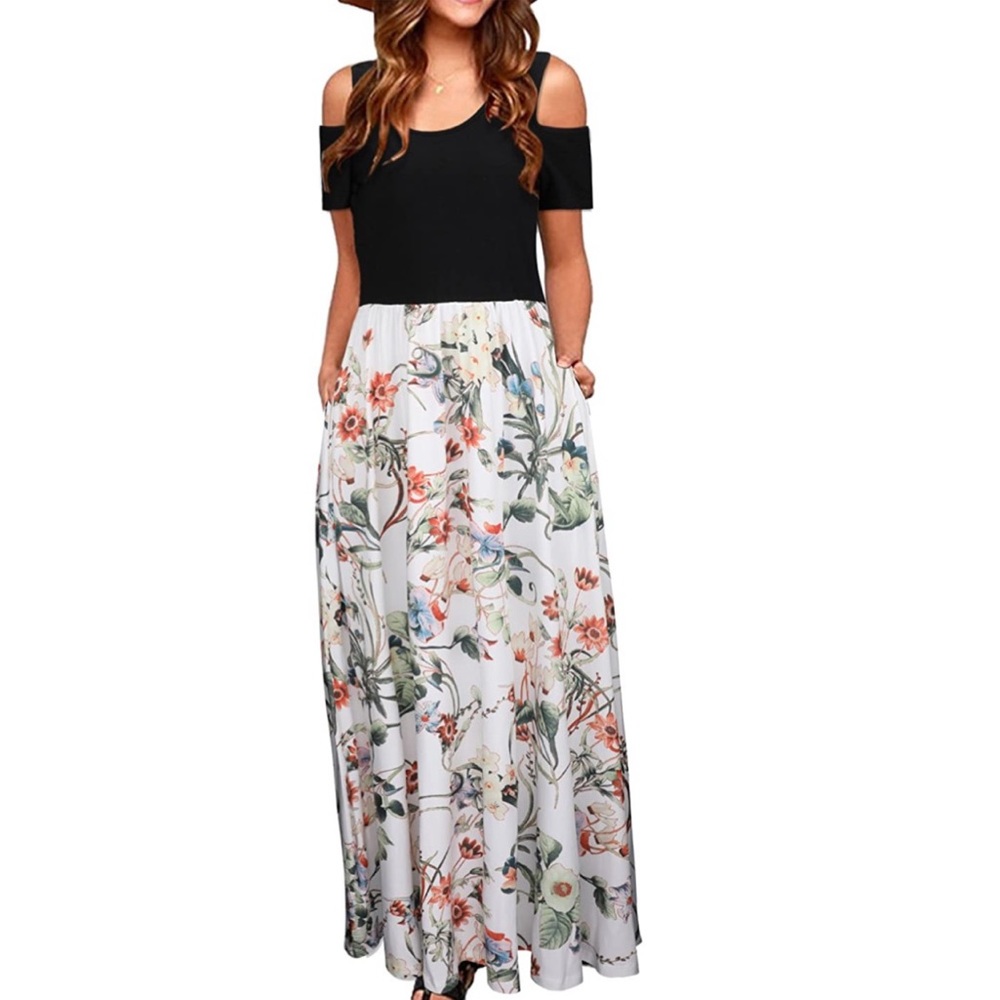 Cold Shoulder Floral Casual Long Maxi Dress Pocket - Picture 10 of 10